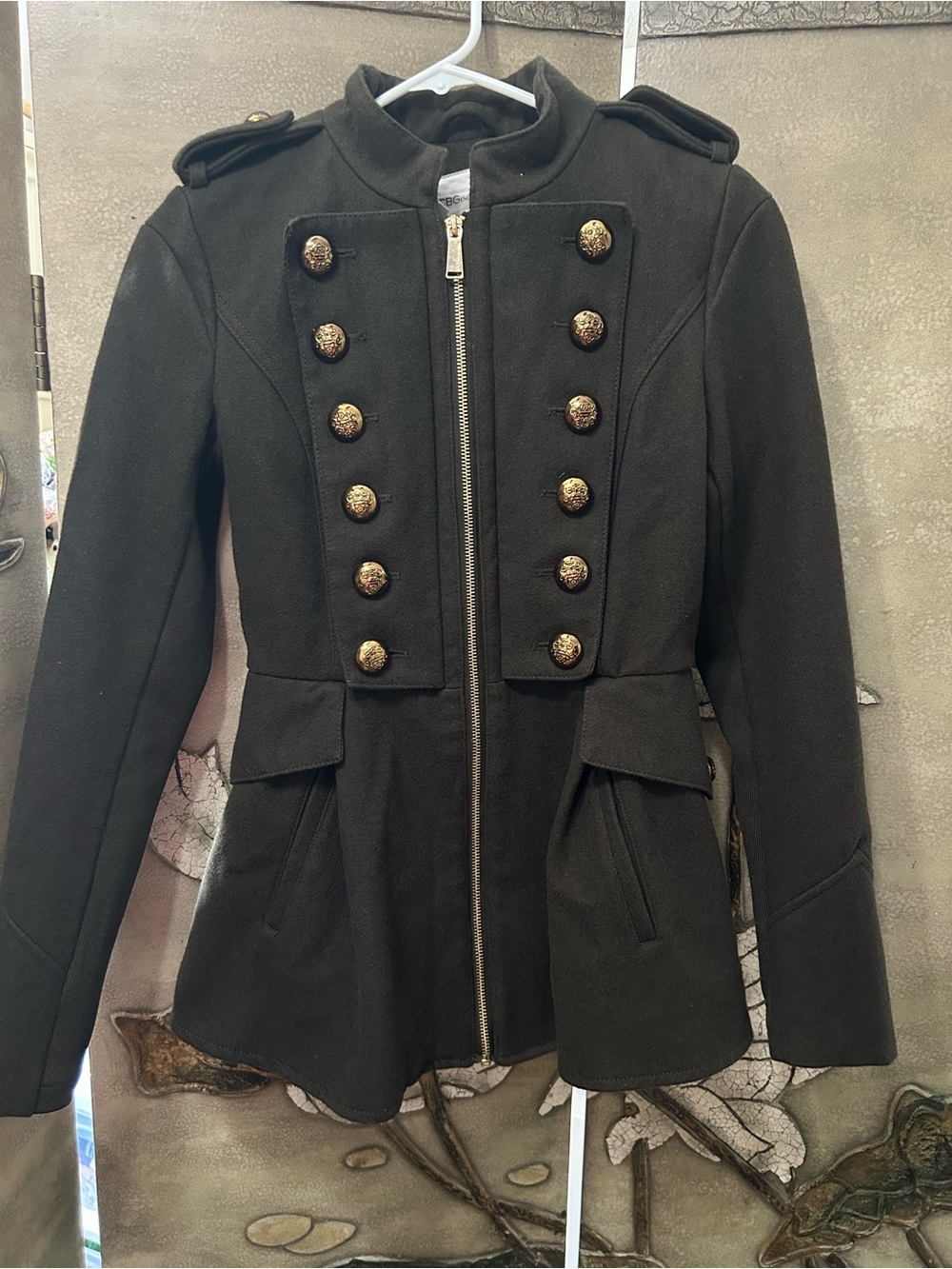 BCBGeneration olive green Military-Style peplum Peacoat with Gold Buttons